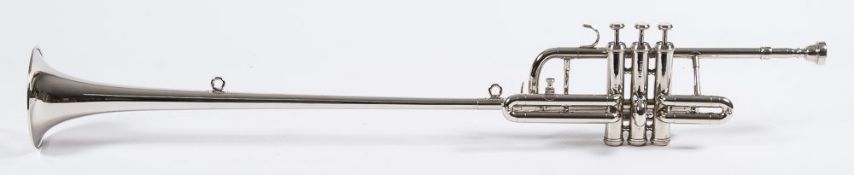 A Trister Fanfare trumpet: contained in a fitted case together with spare slide and cleaning