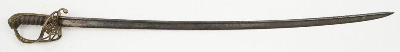 A George IV Officer's sword: the slightly curved single edge pipe backed blade over a gilt brass