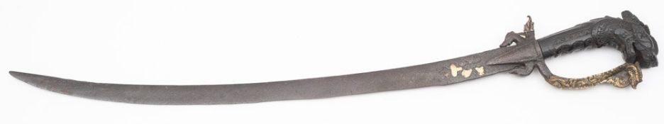 A 19th century Cingalese kastane:, the single edged curved blade inset gilt decoration to ricasso,