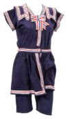 An early 20th century lady's blue cotton swimsuit with red,