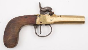 A 19th century Belgian brass percussion cap pocket pistol:,
