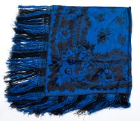 A late Victorian/early Edwardian black and blue silk floral embroidered shawl with tasselled