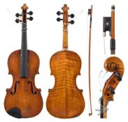 A late Victorian violin: the two piece back of medium to narrow flame and curl, length of back 36cm,