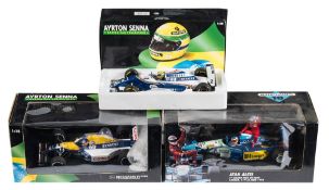 Minichamps, three 1/18th scale formula 1 racing cars:, includes No 952701 Jean Alesi 1st GP Victory,