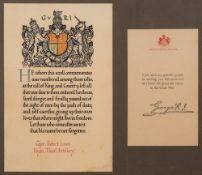A WWI Memorial scroll and Buckingham Place condolence letter for Capt.