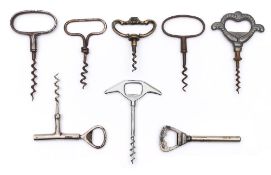A group of five ring pull corkscrews:, together with three other direct pull corkscrews,