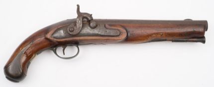A 19th century Dutch percussion cap pistol:, the plain 9 /14 inch barrel with fore sight,