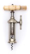 A nickel plated four-pillar King's screw corkscrew:, circa 1820, turned bone handle with brush,