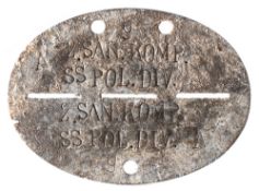 A German grey metal dog tag, stamped '9' and ' 2.San Komp SS Pol Div':.