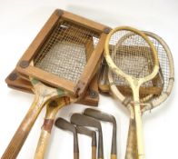 Three early 20th century tennis rackets:, including a Dragon Model A,