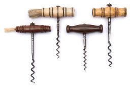 Two bone handled corkscrews:, one with brush, together with two rosewood handled examples,