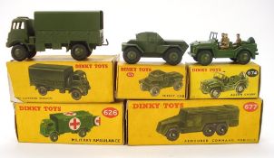 Dinky Military group:, No 677 Armoured Command Vehicle, No 674 Austin Champ, No 673 Scout Car,