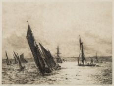 William Lionel Wylie [1851-1931]- Stiff Breeze, Thames Barges on The Medway,:- etching,