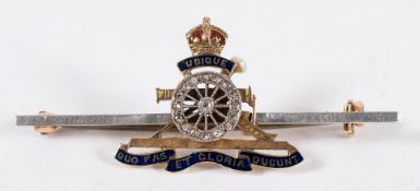 A 15ct gold diamond and enamel mounted Royal Artillery Sweetheart brooch:., 4.