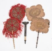 A pair of Victorian bead work face screens or fans with turned gilt handles:,