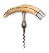A George V silver mounted Boar's tusk handle corkscrew, Chester 1912:, maker's mark rubbed, 15.