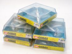 Corgi, a boxed aircraft group of five:, (1312) Boeing 727, (1310) Boeing 707, (x2),