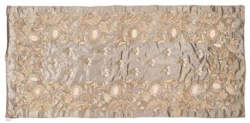 A late 19th/ early 20th century silk embroidered panel:, decorated with sprays of pink,