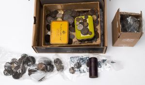 An accumulation of various coins and tokens:, including a silver 1897 Jubilee medallion,