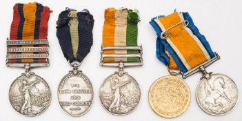 A South Africa trio, '3646 Pte J Rampley Manch Regt':, Queen's South Africa Medal with three clasp,