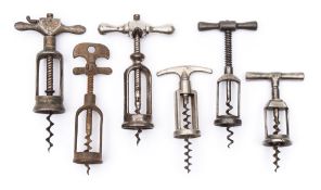 A group of six various metal twin pillar corkscrews:,