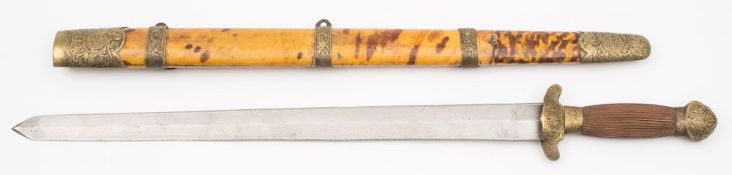 A reproduction Chinese short sword:, the double edge blade with central ridge, brass hilt,