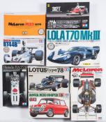 Tamiya a collection of plastic construction kits:, including Rover Mini Cooper, Honda RA 273,
