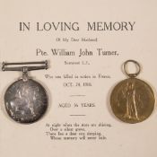 A World War 1 pair to 27063 Pte W J Turner. Soms L. I.