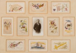A framed group of ten WWI silk postcards:, set around a black and white photograph of a sailor,