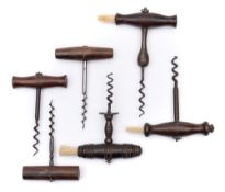 A group of six 19th century and later rosewood handled corkscrews:,