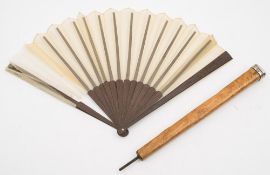 A late 19th/early 20th century white metal mounted burr elm fan case parasol handle:,