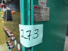 Signoid Automatic Stretch Wrapper with 10 ft infeed and about 15 ft outfeed roller conveyor,