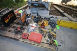 Lot of Assorted Hand Tools Including Rigid Chop Saw, Ryobi Chop Saw, Drills, Saws, and Other Hand