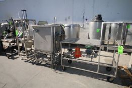 Lot of Assorted Heat Tranfer Cart, S/S 20 gal. Square Vessel, and S/S Press, All Mounted on S/S