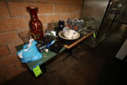 Contents of (2) Wooden Tables, Includes Glass Vases and Other Present Restaurant Glass Décor