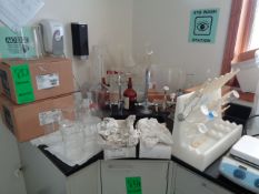 Large Lot of Lab Glassware with Drying Racks Many New Items; (3) New Tilting Dispensers, (7) 75mm
