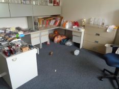 Contents of Office # 6: Includes 7 Desks with Risers, Printer Carts, Shelves, Cabinets and 2