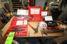 Lot of Tools on Top of Parts Cleaner with (3) Sets of Retaining Rings, Plier Sets, Riveting Gun