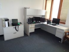 Contents of Office # 3: Includes (2) Corner Desks with Risers, 1 Single Desk, Printer stand, Wood