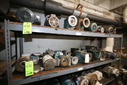 Large Lot of Used Assorted Gear Head Drives Some with Motors on 5 Shelves Approx. 30 Pieces