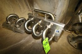 Lot with (2) S/S Flow Verters (1) 4 Port, and (1) 6 Port, with 180 Degree Elbows