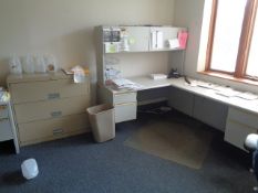 Contents of Office # 5: Includes 4 Corner Desks with Risers, 3 Drawer Lateral File Cabinet, 4 Drawer
