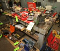 Wood Work Table with Steel Top, Pipe Vise, and Standard Vise
