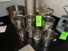 Lot of S/S Lab Ware Items including (2) S/S Pots with Lids and (8) Graduated Cylinders