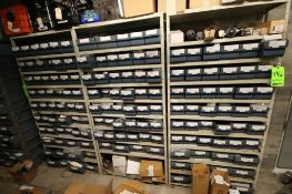 Shelf Units with 100 Parts Bins and Contents, Mostly Air Filters and Fittings