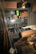 (1) 5 Tier Metal Shelf and (1) 2 Door Metal Cabinet with Contents; Includes Assorted Conveyor Shafts
