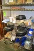 Lot of Cleaning and Maintenance Supplies In Room on 2 Shelf Units: Includes Scoops, Paper Dispenser,