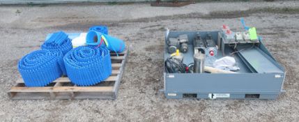 Conveyor parts lot consisting of; various sized plastic belts, motors, drives, and on/off