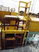 Pine side table of rectangular form, a nest of three tables with carved decoration,