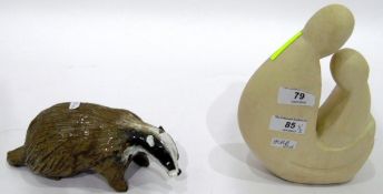 Freeform stoneware Madonna and Child figure and a rustic pottery badger (2)